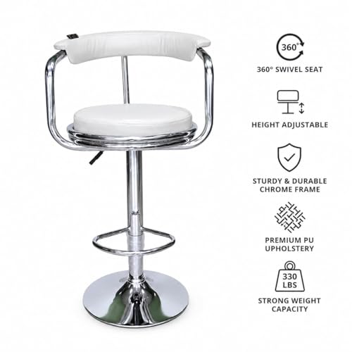 Image of Kemon Modern Adjustable Swivel Bar Stool Chair with Backrest, PU Leather Hydraulic Counter Stool with Footrest for Kitchen Island, Cafe & Home Bar (1, White, Round Barrel Stool)