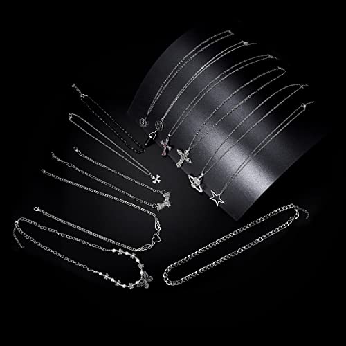 11Pcs Punk Vintage Necklace Set Goth Grunge Saturn Star Indie Butterfly Boho Crystal Y2k Cross Pendent Heart Wing Statement Choker for Women Men2