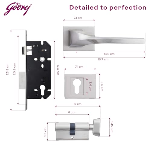 Image of Godrej Mortise Lock|Handle Lock Set for Main & Bedroom Door|Twist Rossette Home Decor Handle|Satin Steel Finish|9 Ih Lockbody|60 mm 1CK Cylinder - Knob from Inside & 4 Keys| 5 Years Warranty