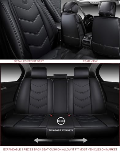 OASIS AUTO Car Seat Covers Premium Waterproof Faux Leather Cushion Universal Accessories Fit SUV Truck Sedan Automotive Vehicle Auto Interior Protector Full Set (OS-003 Black)