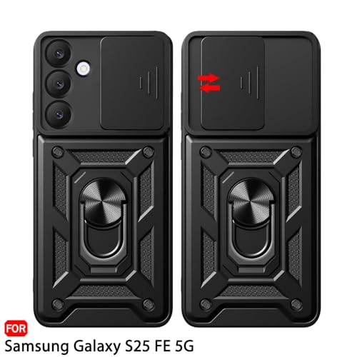 Image of TheGiftKart Tough Armor Bumper Back Cover Case for Samsung Galaxy S25 FE 5G | Sliding Camera Cover, KickStand & Ring Holder | 360 Degree Protection Back Cover Case for Samsung S25 FE (PC & TPU, Black)