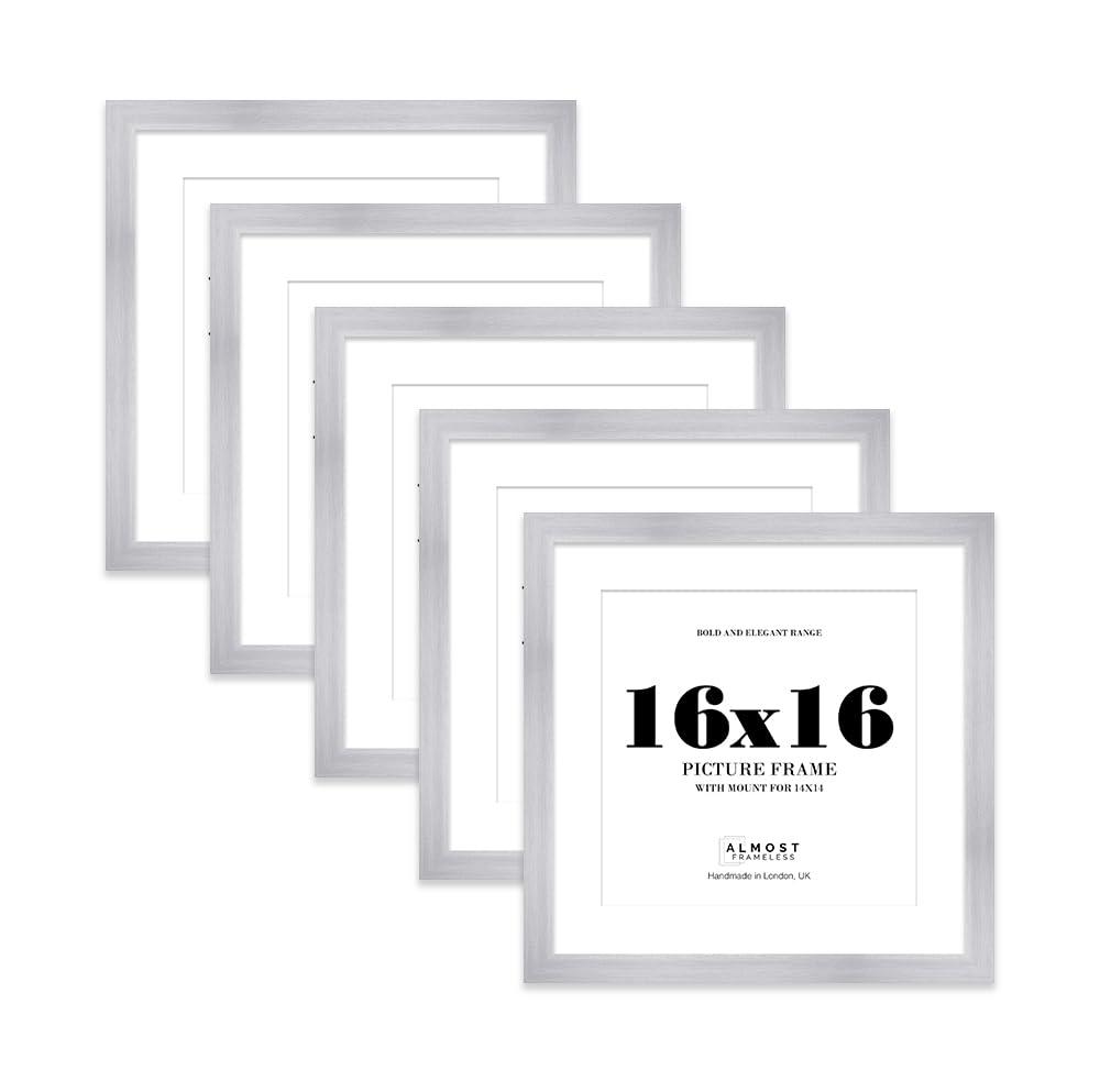 16x16" Silver Square Frame With Mount for 14x14" Pictures 28mm Edge Frame Display with Wall Hooks, 5 Pack