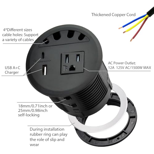 Image of Recessed Power Grommet, with 33W Fast Charging USB-A+C, with 1 AC Power Outlet and 4.5FT Extension Cord Recessed Power Outlet for Conference Rooms, Office Tables, Furniture (black2)