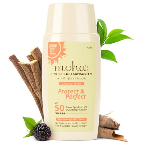 Image of Moha Tinted Fluid Face Sunscreen SPF 50 PA++++ India's 1st with New Gen filters | New-Gen Photostable UV Filters | pH balanced | Advanced botanical for skin repair and tone perfecting | | Lightweight Makeup Base | | For All Indian Skin Tones | For Men & Women 50 ml Pack Of 1