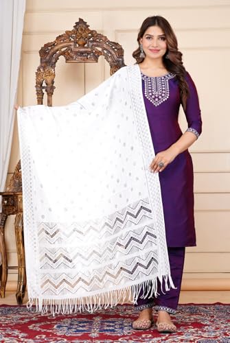 Image of Women's Silk Embroidered Kurta with Pant and Dupatta Set, Straight Style