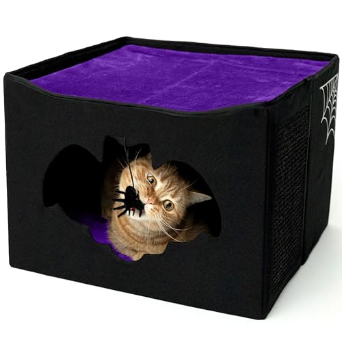 Gothic Cat Bed for Indoor Cats or Pets, Foldable Cat Halloween House 17x17x12.8, Includes Bat-Shaped Entry, Spider Toy, Scratch Pad, and Soft Cushion for Goth Cat, Black and Purple