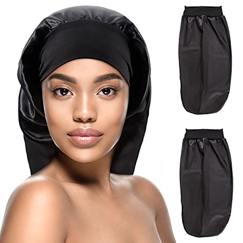 Kenllas Large Satin Sleep Bonnet - 2 PCS Extra Large Soft Elastic Band Silky Sleeping Cap for Women with Long Loss Wavy frizzy Curly Dreadlock Braid Hair(Black)