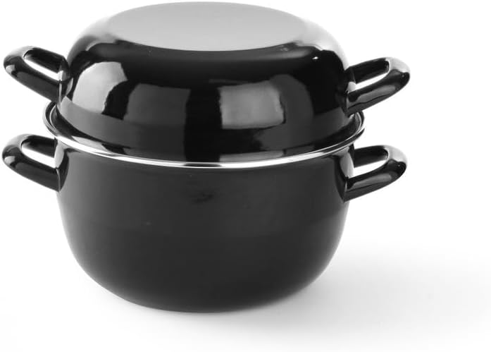 HENDI Mussel pot with lid, saucepan, pot for seafood, sauces, only suitable for gas stoves, 1.3 kg, 5.2L, ø260x(H)210 mm, black enamelled with stainless steel rim