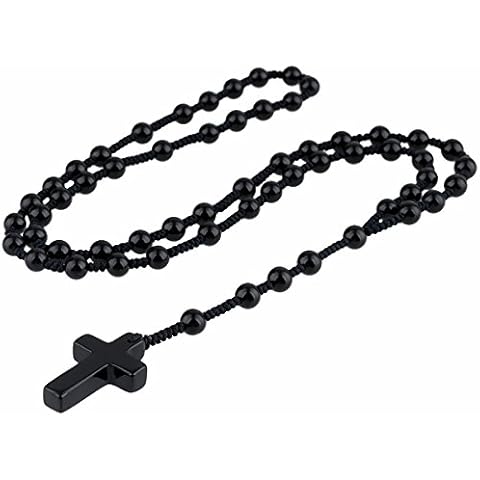 TUMBEELLUWA Black Agate Cross Pendant Beaded Necklace for Men Women, Catholic Rosary Hand Knotted Necklace Cover