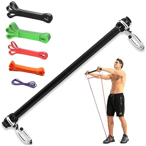 Resistance Band Bar, Portable Pilates Bar with Resistance Bands Home Gym Workouts Stick Squat Yoga Pilates Flexbands Kit for Full Body Shaping (25.5 Inch Bar + 5PCS Resistance Bands)… Cover