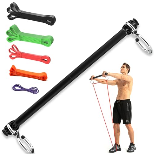 Resistance Band Bar, Portable Pilates Bar with Resistance Bands Home Gym Workouts Stick Squat Yoga Pilates Flexbands Kit for Full Body Shaping (43 Inch Bar + 5PCS Resistance Bands)…