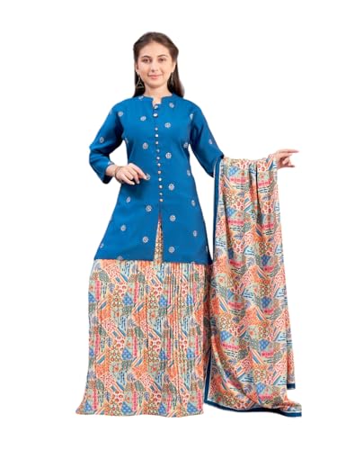 Aarika Girls Ethnic Wear Teal-Multi Colour Sequin Embroidery Silk Kurti Skirt Set -(8-15 Years)-(Sk-Tr-K-1013)