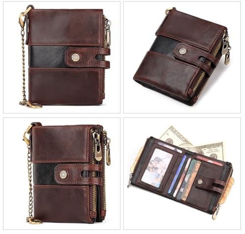 Mens Wallet with Chain RFID Blocking Genuine Leather Bifold Biker Wallet for Men Double Zipper Coin Pocket Purse with Double Anti-Theft Chain-coffee4