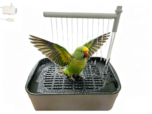 Tonodui Automatic Parakeet Bird Bath with Pump Adjustable Water Flow & Parrot Shower USB Powered Bird Fountain Bathtub for Cage Quiet Circulating Water System for Budgie Lovebird (S)