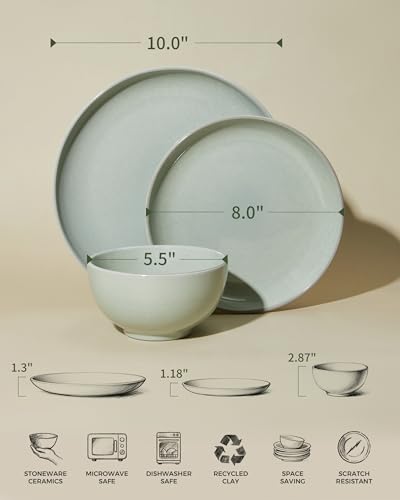 Image of Pokini 18 Piece Dinnerware Set for 6, Reactive Glaze Terracotta Plates and Bowls Set, Large Family-Sized Stoneware Dish Set for Gatherings, Chip and Scratch Resistant, Slate Green