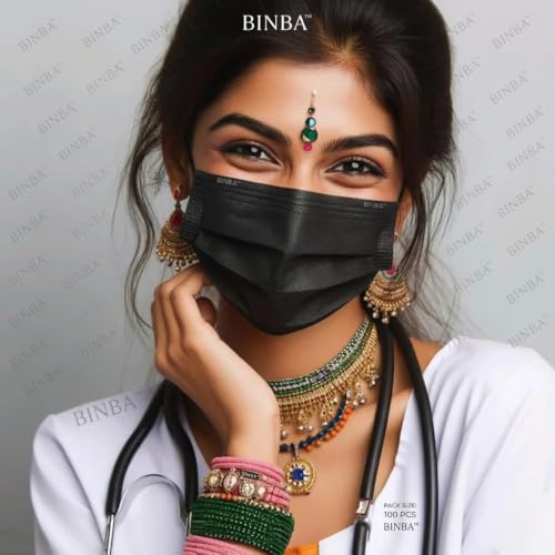 Image of (Pack of 100) Black Disposable Face Masks, 3-Ply with Ear Loops