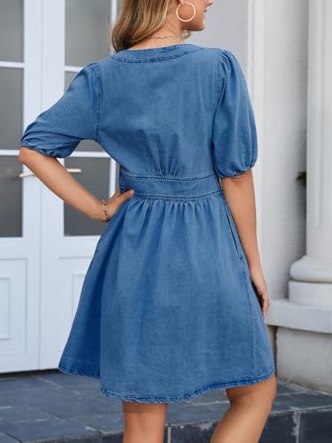 Denim Dress for Women A-line Denim V Neck Puff Sleeve Jean Dress3