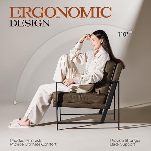 Image of Yaheetech Mid-Century Modern Accent Chairs Set of 2, Brown | Oversized Faux Leather Chair with Soft Cushion, Ergonomic 105 Back, Reading Chair for Living Room, Bedroom and Waiting Room