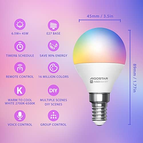 Aigostar Smart Bulb E14, Alexa Smart Bulbs, WiFi Light Bulb 6.5W RGBCW LED Colour Changing Light Bulb Compatible with Amazon Alexa and Google Home, Dimmable, No Hub Required, Energy Saving, 6 Pack