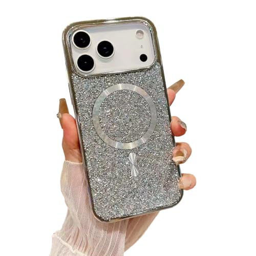 Coque paillettes iPhone 17 Pro avec aimant intégré argenté pour induction MagSafe