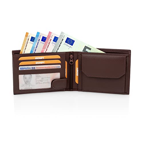 Kronify Leather Wallet Men | Rfid Blocking | Bifold & Trifold | Genuine Leather | 13 Card Slots | Coin Pocket | Gift Box | Natural Dark Brown #TOP3