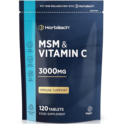 MSM Supplements 3000mg with Vitamin C | High Strength Methylsulfonylmethane MSM with VIT C | 120 Vegan Tablets (Not Capsules) | By Horbaach