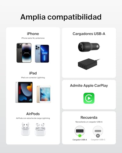 Cables para iPhone serie 14 Belkin USB-A a Lightning trenzados negros de 1,5m 5