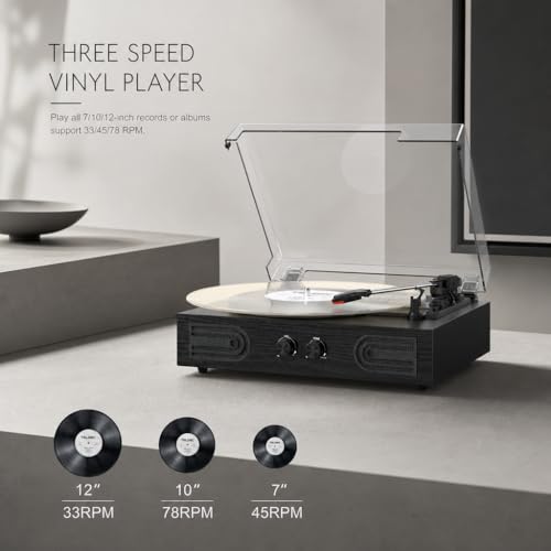 Image of Vinyl Record Player with Built-in Speakers 3-Speed Vintage Record Player Support Treble& Bass Control, Headphone Jack,RCA-Out /Aux in, Belt-Driven LP Turntable,Black Wood