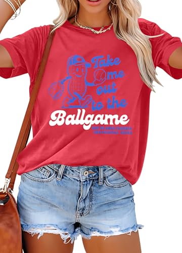 ALLTB Baseball Shirts Women Funny Baseball Mom Shirt Ballgame Graphic Tshirt Game Day Fan Tee Casual Short Sleeve Top Red