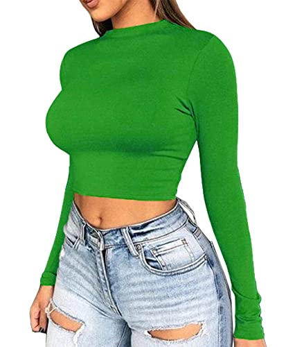 Artfish Women Long Sleeve Turtleneck Crop Top Mock Neck Tight Fitted Shirts Kelly Green, Xl #TOP14