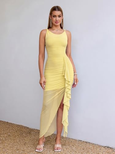 Image of EYNMIN Women's Ruched Bodycon Midi Dresses Twist Strap Crew Neck Mesh Ruffle Split Cocktail Party Dress