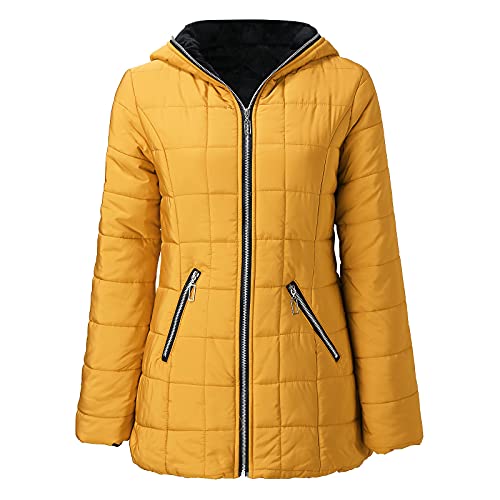 Manteau hiver chaud femme jaune S veste longue décontractée tendance à capuche - 2