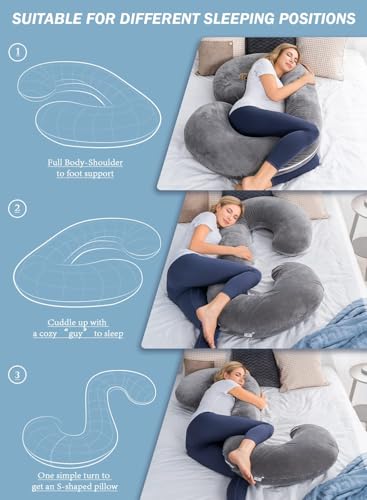 Image of INSEN Pregnancy Pillow, Maternity Body Pillow with Pillow Cover, C Shaped Body Pillow for Pregnant Women, Velvet, Silk Fiber, Grey