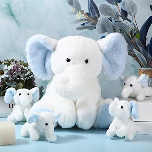 5 Pcs Plush Elephant Stuffed Animals With Babies, Mommy Elephant With 4 Plush Baby Soft Plush Elephants Animals Playset For Party Supplies, Favors, Decorations, Stocking Stuffers (White And Blue) #TOP6