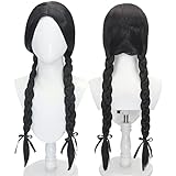 Uniquebe Long Braided Black Middle Part Cosplay Wig with Ribbon-bow Women's Heat Synthetic Fiber Cos Wigs Role Playing Prop + Wig Net Cap for Halloween Costume Daily