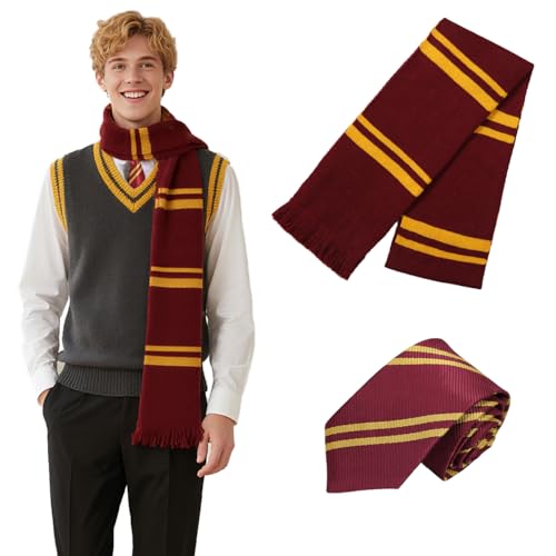 Laahoem Soft Knit Striped Scarf Hat Neck Tie Glasses Set Halloween Magical Cosplay Costume Movie Accessories Winter Neckerchief Scarf+Tie Red