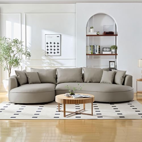 KEIKI 129' Curved Oversized Modular Bonded Leather Sectional Sofa with Left Chaise, 4 Pillows, 3 Back Cushion, Modern Style Comfy 5-Seater Couch, Easy Assembly, for Apartment, Living Room, Light Grey