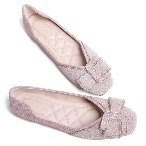 Image of SAILING LU Women's Rhinestone Square Toe Bowknots Ballet Flats Loafers