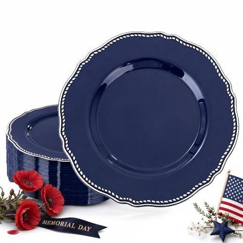 Hioasis 60pcs Blue Plastic Plates - Blue and Silver Disposable Dinnerware with Gold Rim, Heavy-duty, 10 inch, Dinner Plates for Party & Wedding & Memorial Day Hioasis 60pcs Blue Plastic Plates - Blue and Silver Disposable Dinnerware with Gold Rim, Heavy-duty, 10 inch, Dinner Plates for Party & Wedding & Memorial Day