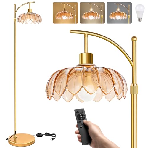 Stehlampe Wohnzimmer Vintage Gold Dimmbar mit Fernbedienung: Moderne LED Leselampe Messing Bogen für Schlafzimmer Büro Retro Klassische Design mit Braun Schirm Boho & Mid Century Modern Groß 175cm