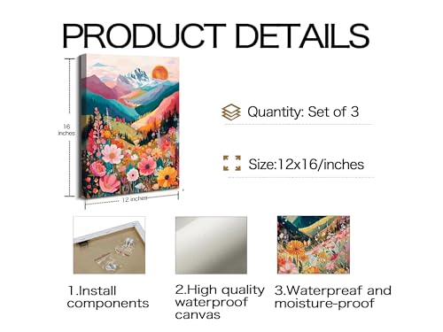 Image of Frimeeme Framed Colorful Watercolor Floral Mountain Canvas Wall Art,12x16
