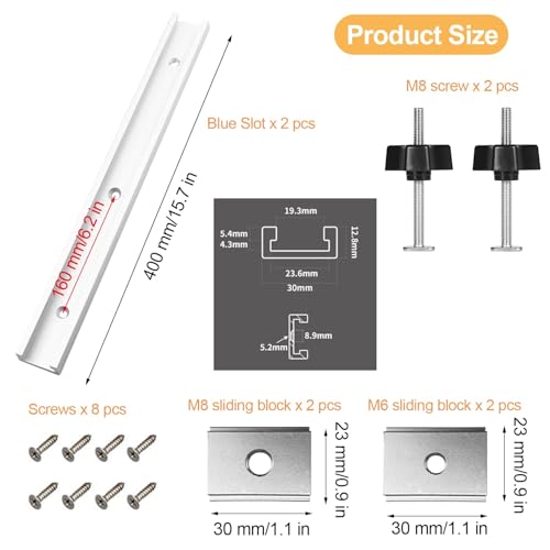 2 Stück T-Führungsschiene-Klemmschienen aus Aluminiumlegierung, 400mm T-Slot Track Gehrungsschiene Set, T Nut Gleitschiene mit M8/M6 Schieber, Montageschiene Gleitschiene (Silber)
