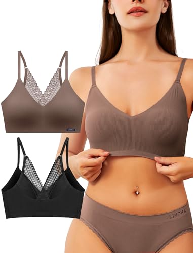 Image of Livona Lace Bralette for Women - Comfort Sports Bra Wireless Padded Bralette with Support Workout Tops Cami Crop S-XXL