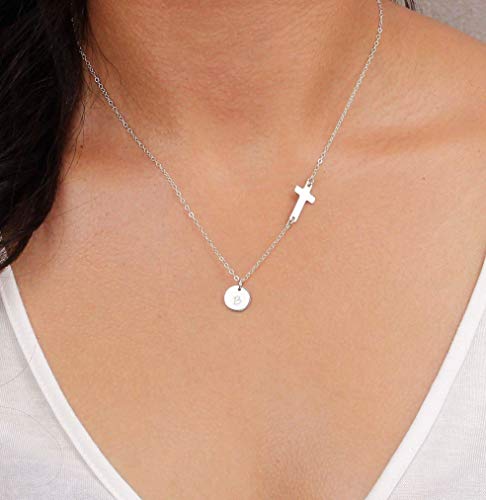 Personalized Small Sideways Cross And Circle Disc Charm Necklace, Initial Round Tag Pendant Necklace, Religious Monogram Family Jewelry #TOP1