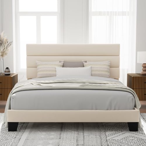 Image of Allewie Cal King Size Platform Bed Frame with Velvet Upholstered Headboard