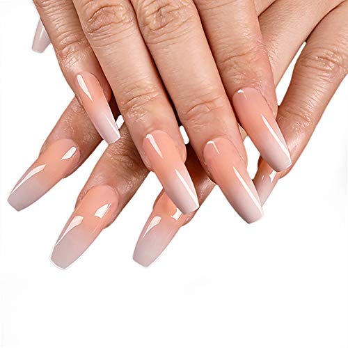 Morily 24pcs Fake Nails French Nude White Ombre Long Ballerina Glossy Coffin Press on Nail False Tips Artificial Finger Manicure for Women and Girls