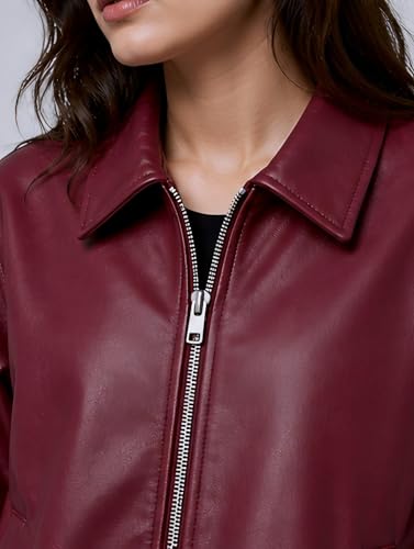 Image of Women's Faux Leather Jacket | Biker Motorcycle Jacket with Zip Front Closure, Classic Shirt Collar | Regular Fit Casual Winter Outerwear | Women's Fashionable Lightweight Leather