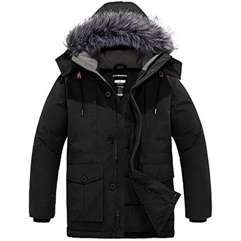 CHIN·MOON Men's Winter Warm Coat Windproof Puffer Jacket Outdoor Thicken Parka Jacket Mid Length Outerwear Coat with Faux Fur Hooded Black L Cover