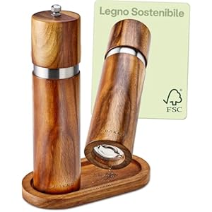 Set di Macinini per Sale e Pepe in Legno di Acacia – Con Protezione per il Tavolo – Legno FSC® Sostenibile – Meccanismo in Ceramica Durevole