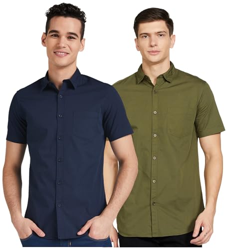 Image of Amazon Brand - Symbol Men's Cotton Shirt | Casual | Plain | Half Sleeve - Regular Fit (Available in Plus Size) (Navy + Olive M) (Combo Pack of 2)